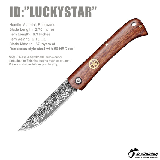 JoyRaining - LuckyStar - Handmade Damascus Pocket Knife - Small Vintage EDC Rosewood / Non-Locking Slip Joint Folding Knife for Men - Gentleman's Tool for Box Cutting & Daily Use - Unique Gift for Father / Men / Husband / Elder