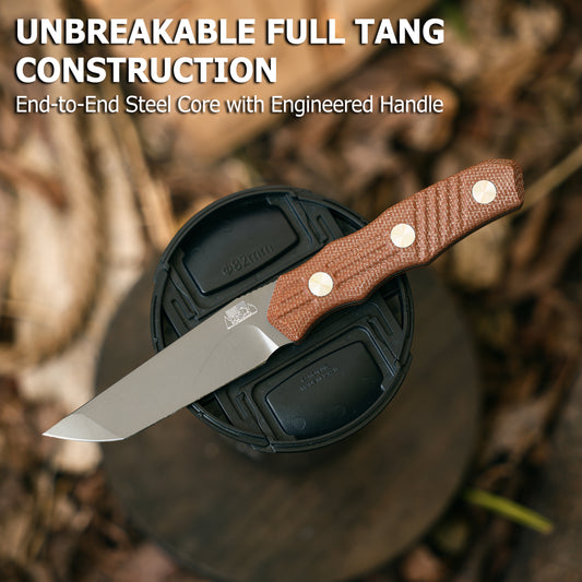 JoyRaining - Kestrel Fixed Blade EDC Knife - Titanium Plated D2 Steel with Geometric Angular Blade - Full Tang Brown Micarta Handle Utility Tool with Kydex Sheath - Durable Industrial Design