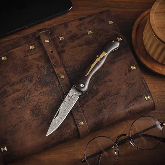 JoyRaining - Whisper-Small Vintage EDC Wood Pocket Knife for Men, Damascus Steel Folding Knife with Ebony Handle - Non-Locking Slip Joint Gentleman's Tool for Daily Use - Unique Gift for Father / Men / Elder / Husband