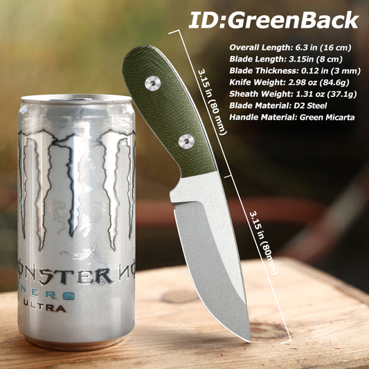 JoyRaining 6.3" Compact Fixed Blade EDC Knife with Kydex Sheath - Female Designer Ergonomic D2 Steel Blade - Lightweight Green Micarta Handle for Smaller Hands - Reliable Utility Tool for Outdoor Walks & Daily Tasks