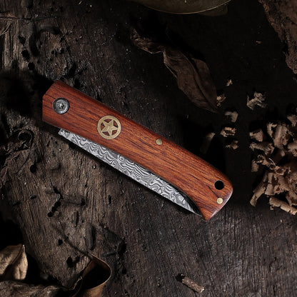 JoyRaining - LuckyStar - Handmade Damascus Pocket Knife - Small Vintage EDC Rosewood / Non-Locking Slip Joint Folding Knife for Men - Gentleman's Tool for Box Cutting & Daily Use - Unique Gift for Father / Men / Husband / Elder