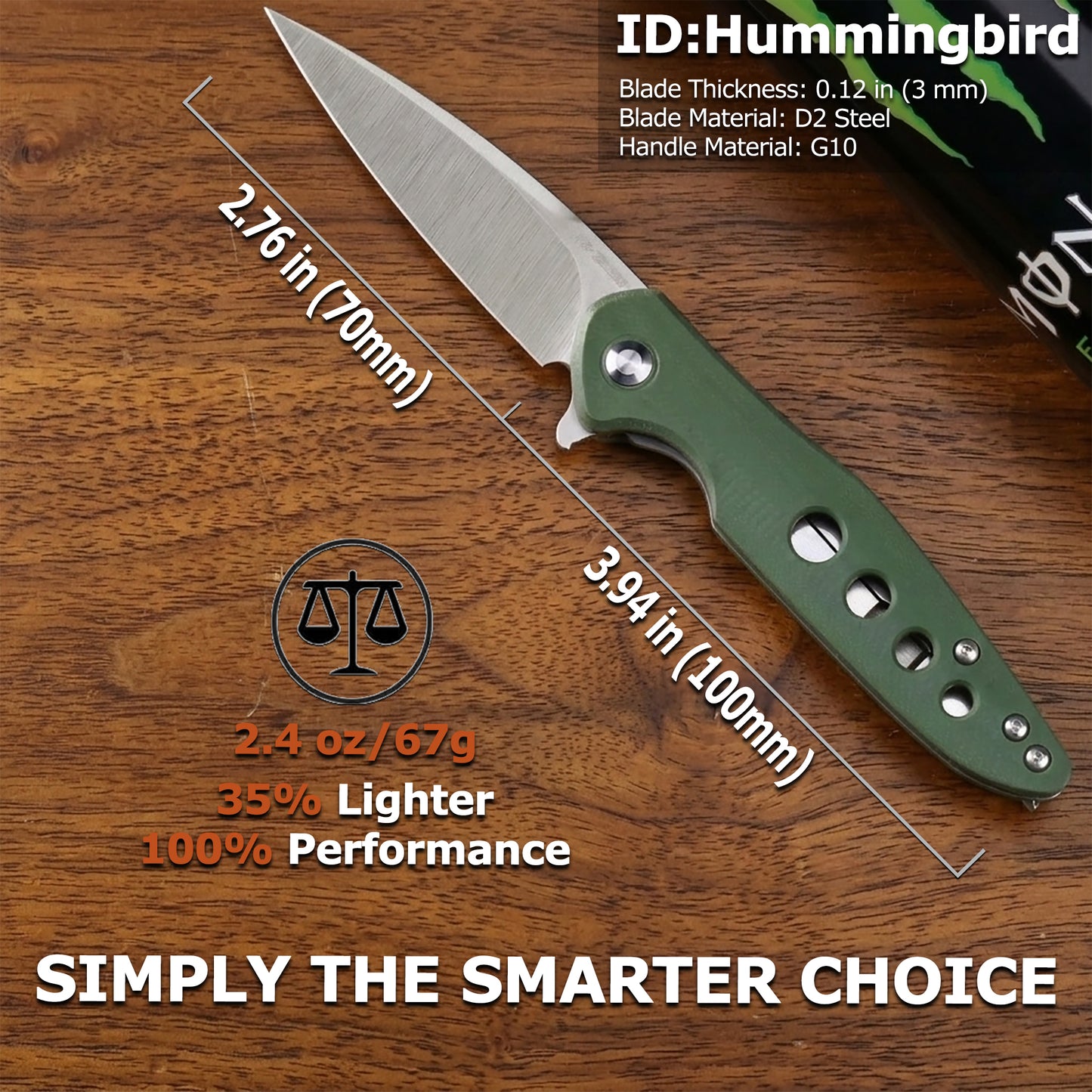 JoyRaining - Hummingbird 6.7" Lightweight Folding Pocket Knife, Bionic Design D2 Steel Blade with Military Green G10 Handle, Smooth Ceramic Ball Bearing Pivot & Secure Liner Lock, EDC Knife Gift for Men