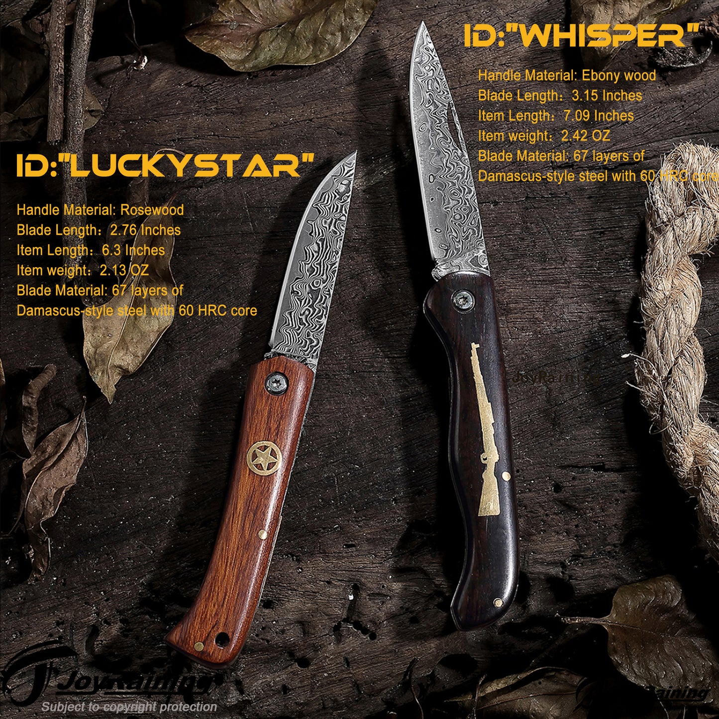 JoyRaining - LuckyStar - Handmade Damascus Pocket Knife - Small Vintage EDC Rosewood / Non-Locking Slip Joint Folding Knife for Men - Gentleman's Tool for Box Cutting & Daily Use - Unique Gift for Father / Men / Husband / Elder