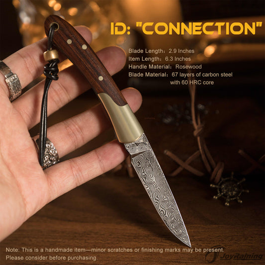 JoyRaining Connection Handmade 67-Layer Damascus Pocket Knife - Slim Rosewood EDC Folding Knife with Solid Copper Bolster - Non-Locking Slip Joint Steak Knife for BBQ & Camping - Weighty, Unique Gift for Men