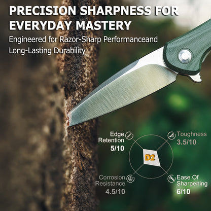 JoyRaining - Hummingbird 6.7" Lightweight Folding Pocket Knife, Bionic Design D2 Steel Blade with Military Green G10 Handle, Smooth Ceramic Ball Bearing Pivot & Secure Liner Lock, EDC Knife Gift for Men