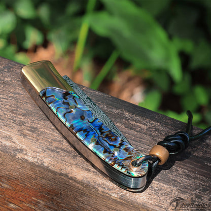 JoyRaining Shine Handmade 67-Layer Damascus Pocket Knife - Stunning Natural Abalone Shell Handle, Slim Folding Knife with Polished Copper Bolster - Non-Locking Slip Joint Gentleman's Tool - Elegant Gift for Women & Collectors