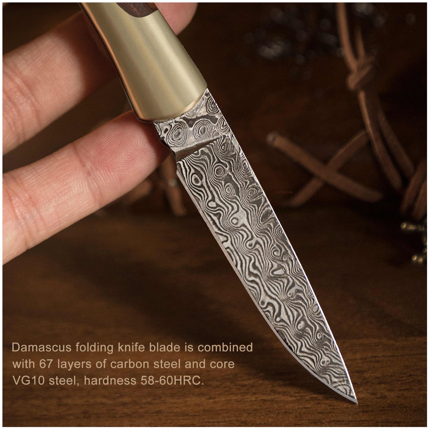 JoyRaining Connection Handmade 67-Layer Damascus Pocket Knife - Slim Rosewood EDC Folding Knife with Solid Copper Bolster - Non-Locking Slip Joint Steak Knife for BBQ & Camping - Weighty, Unique Gift for Men