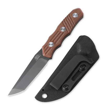 JoyRaining - Kestrel Fixed Blade EDC Knife - Titanium Plated D2 Steel with Geometric Angular Blade - Full Tang Brown Micarta Handle Utility Tool with Kydex Sheath -  Durable Industrial Design