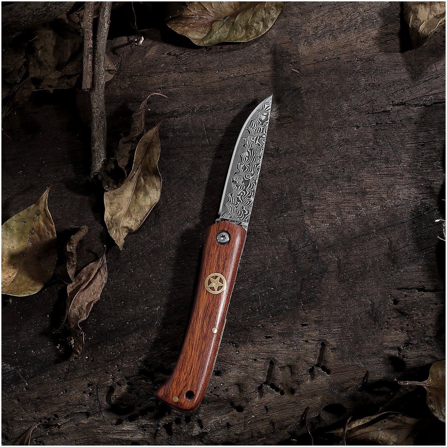 JoyRaining - LuckyStar - Handmade Damascus Pocket Knife - Small Vintage EDC Rosewood / Non-Locking Slip Joint Folding Knife for Men - Gentleman's Tool for Box Cutting & Daily Use - Unique Gift for Father / Men / Husband / Elder