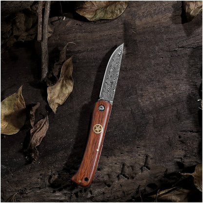 JoyRaining - LuckyStar - Handmade Damascus Pocket Knife - Small Vintage EDC Rosewood / Non-Locking Slip Joint Folding Knife for Men - Gentleman's Tool for Box Cutting & Daily Use - Unique Gift for Father / Men / Husband / Elder