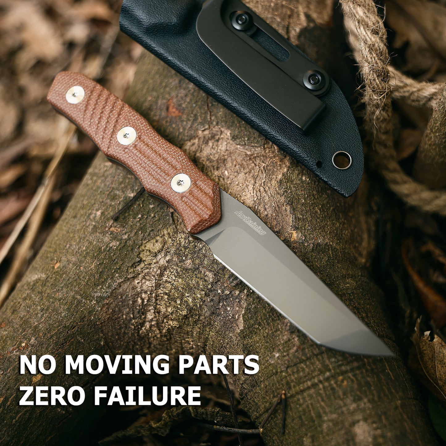 JoyRaining - Kestrel Fixed Blade EDC Knife - Titanium Plated D2 Steel with Geometric Angular Blade - Full Tang Brown Micarta Handle Utility Tool with Kydex Sheath -  Durable Industrial Design