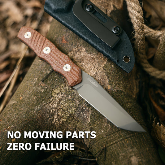 JoyRaining - Kestrel Fixed Blade EDC Knife - Titanium Plated D2 Steel with Geometric Angular Blade - Full Tang Brown Micarta Handle Utility Tool with Kydex Sheath -  Durable Industrial Design