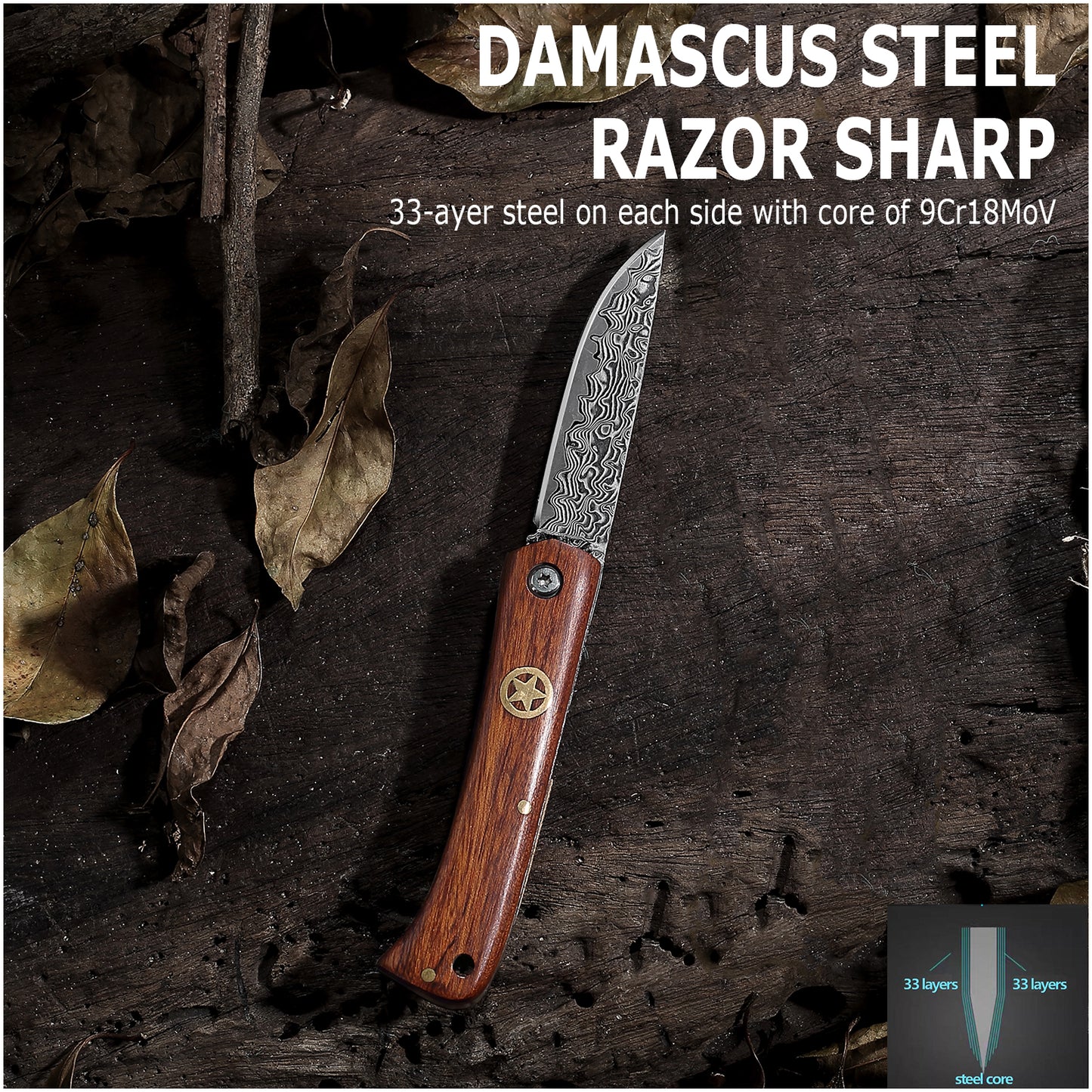 JoyRaining - LuckyStar - Handmade Damascus Pocket Knife - Small Vintage EDC Rosewood / Non-Locking Slip Joint Folding Knife for Men - Gentleman's Tool for Box Cutting & Daily Use - Unique Gift for Father / Men / Husband / Elder