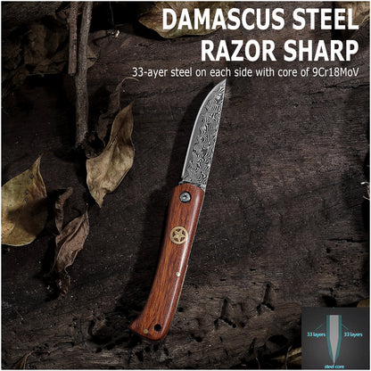 JoyRaining - LuckyStar - Handmade Damascus Pocket Knife - Small Vintage EDC Rosewood / Non-Locking Slip Joint Folding Knife for Men - Gentleman's Tool for Box Cutting & Daily Use - Unique Gift for Father / Men / Husband / Elder