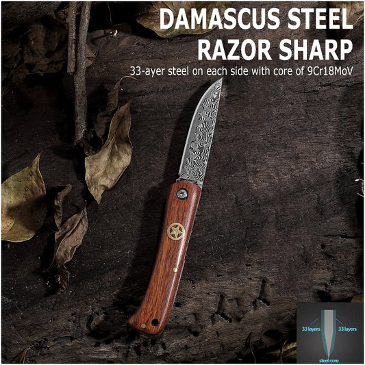 JoyRaining Damascus Folding Pocket Knife ID LuckyStar