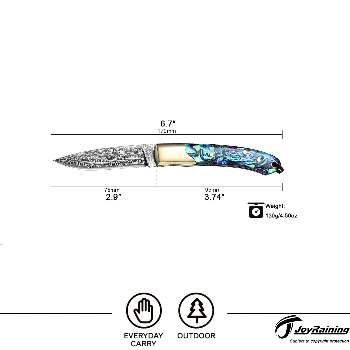 JoyRaining Shine Handmade 67-Layer Damascus Pocket Knife - Stunning Natural Abalone Shell Handle, Slim Folding Knife with Polished Copper Bolster - Non-Locking Slip Joint Gentleman's Tool - Elegant Gift for Women & Collectors