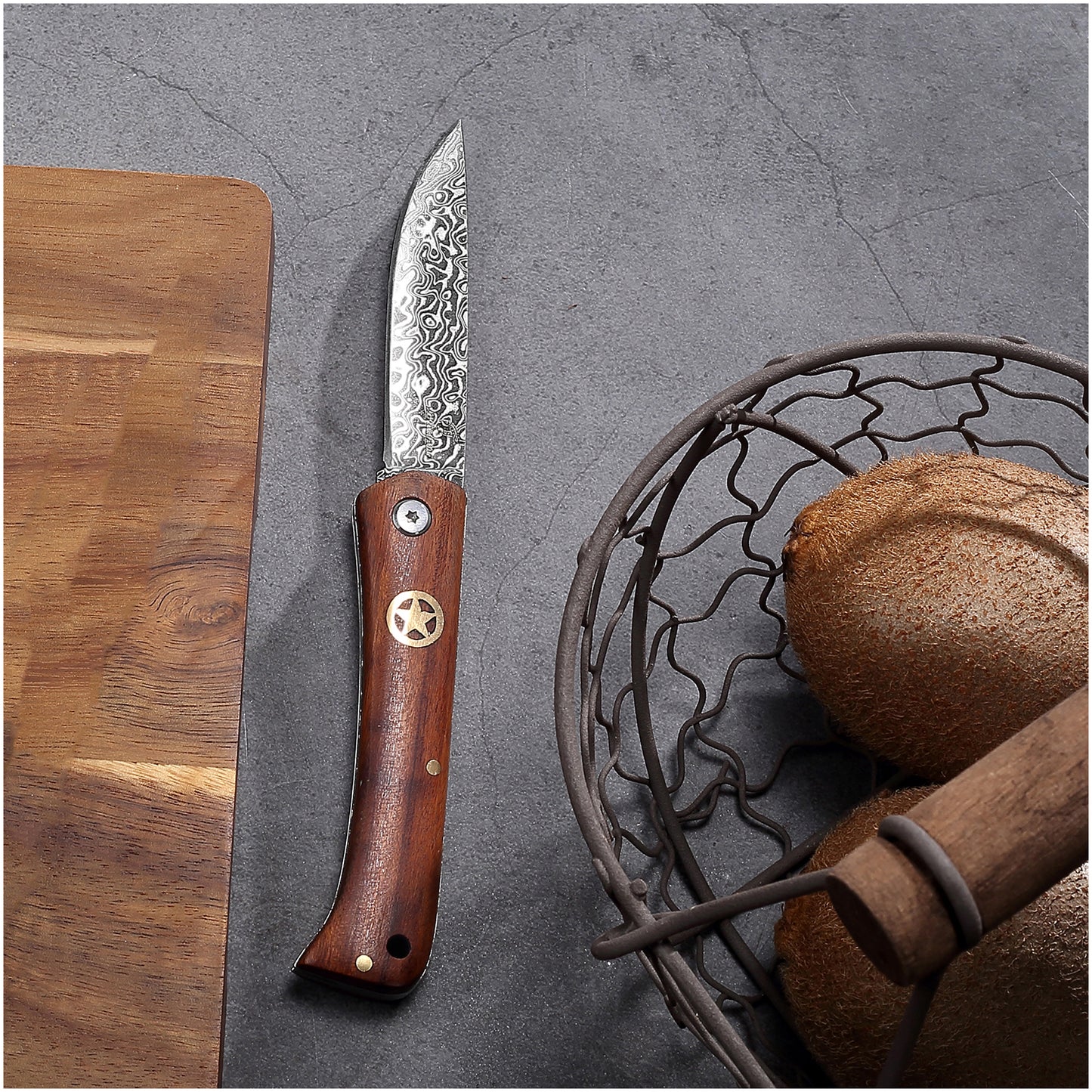 JoyRaining - LuckyStar - Handmade Damascus Pocket Knife - Small Vintage EDC Rosewood / Non-Locking Slip Joint Folding Knife for Men - Gentleman's Tool for Box Cutting & Daily Use - Unique Gift for Father / Men / Husband / Elder