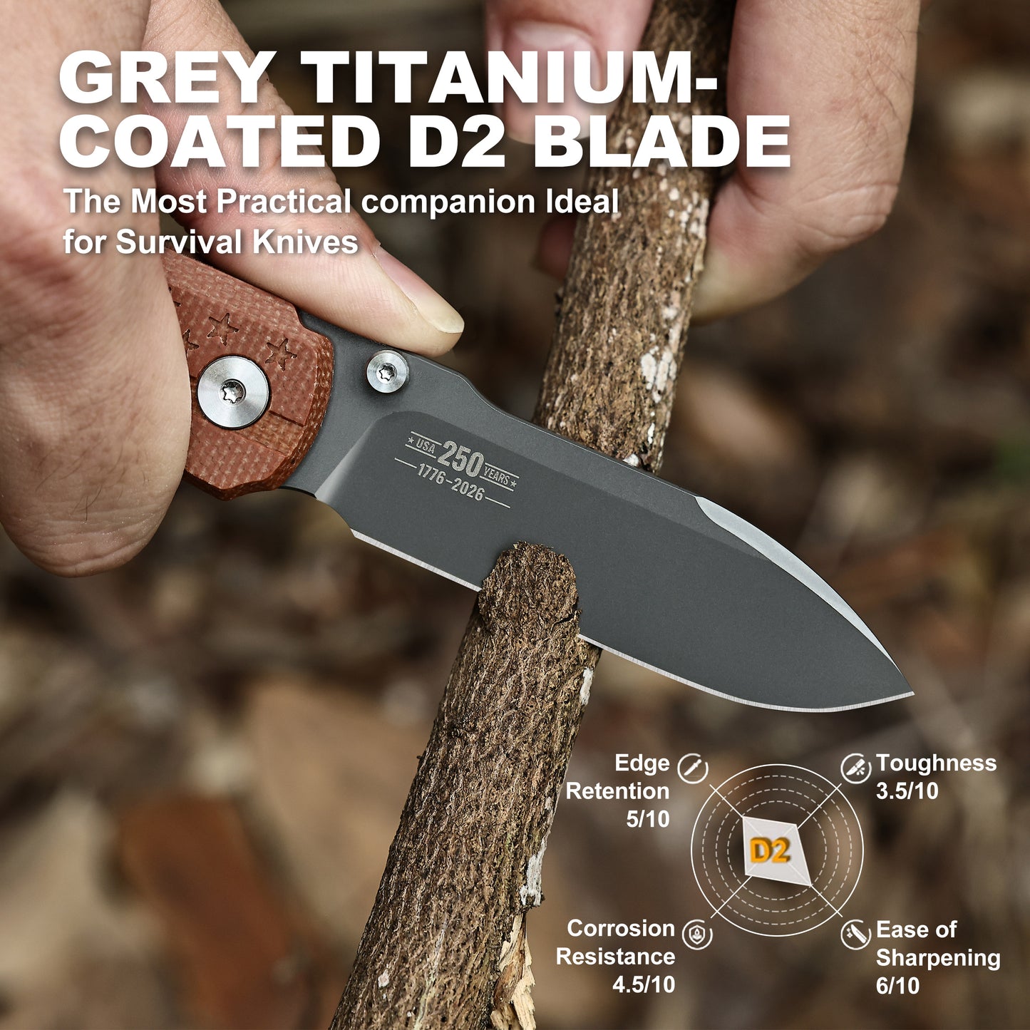Heritage 250 Folding Pocket Knife, D2 Steel Grey Titanium Blade, Brown Micarta Handle with 3D Stars & Stripes Engraving, Liner Lock Everyday Carry Utility Knife, 250th Anniversary Collectible Gift