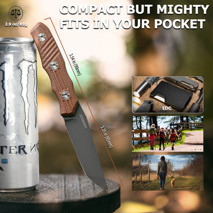 JoyRaining - Kestrel Fixed Blade EDC Knife - Titanium Plated D2 Steel with Geometric Angular Blade - Full Tang Brown Micarta Handle Utility Tool with Kydex Sheath -  Durable Industrial Design