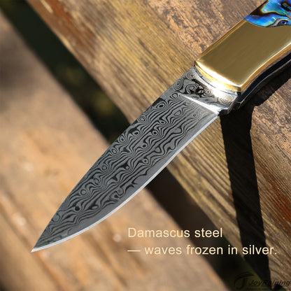JoyRaining Shine Handmade 67-Layer Damascus Pocket Knife - Stunning Natural Abalone Shell Handle, Slim Folding Knife with Polished Copper Bolster - Non-Locking Slip Joint Gentleman's Tool - Elegant Gift for Women & Collectors