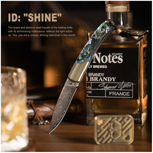 JoyRaining Shine Handmade 67-Layer Damascus Pocket Knife - Stunning Natural Abalone Shell Handle, Slim Folding Knife with Polished Copper Bolster - Non-Locking Slip Joint Gentleman's Tool - Elegant Gift for Women & Collectors