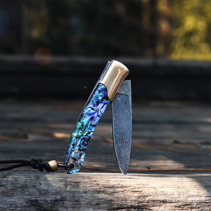 JoyRaining Shine Handmade 67-Layer Damascus Pocket Knife - Stunning Natural Abalone Shell Handle, Slim Folding Knife with Polished Copper Bolster - Non-Locking Slip Joint Gentleman's Tool - Elegant Gift for Women & Collectors