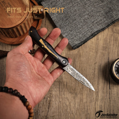 JoyRaining - Whisper-Small Vintage EDC Wood Pocket Knife for Men, Damascus Steel Folding Knife with Ebony Handle - Non-Locking Slip Joint Gentleman's Tool for Daily Use - Unique Gift for Father / Men / Elder / Husband