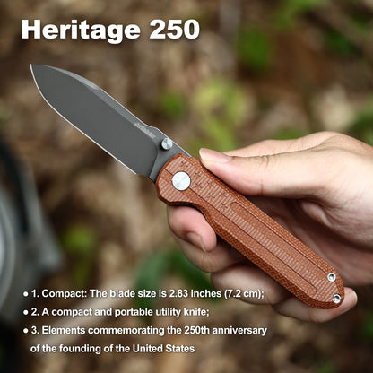 Heritage 250 Folding Pocket Knife, D2 Steel Grey Titanium Blade, Brown Micarta Handle with 3D Stars & Stripes Engraving, Liner Lock Everyday Carry Utility Knife, 250th Anniversary Collectible Gift