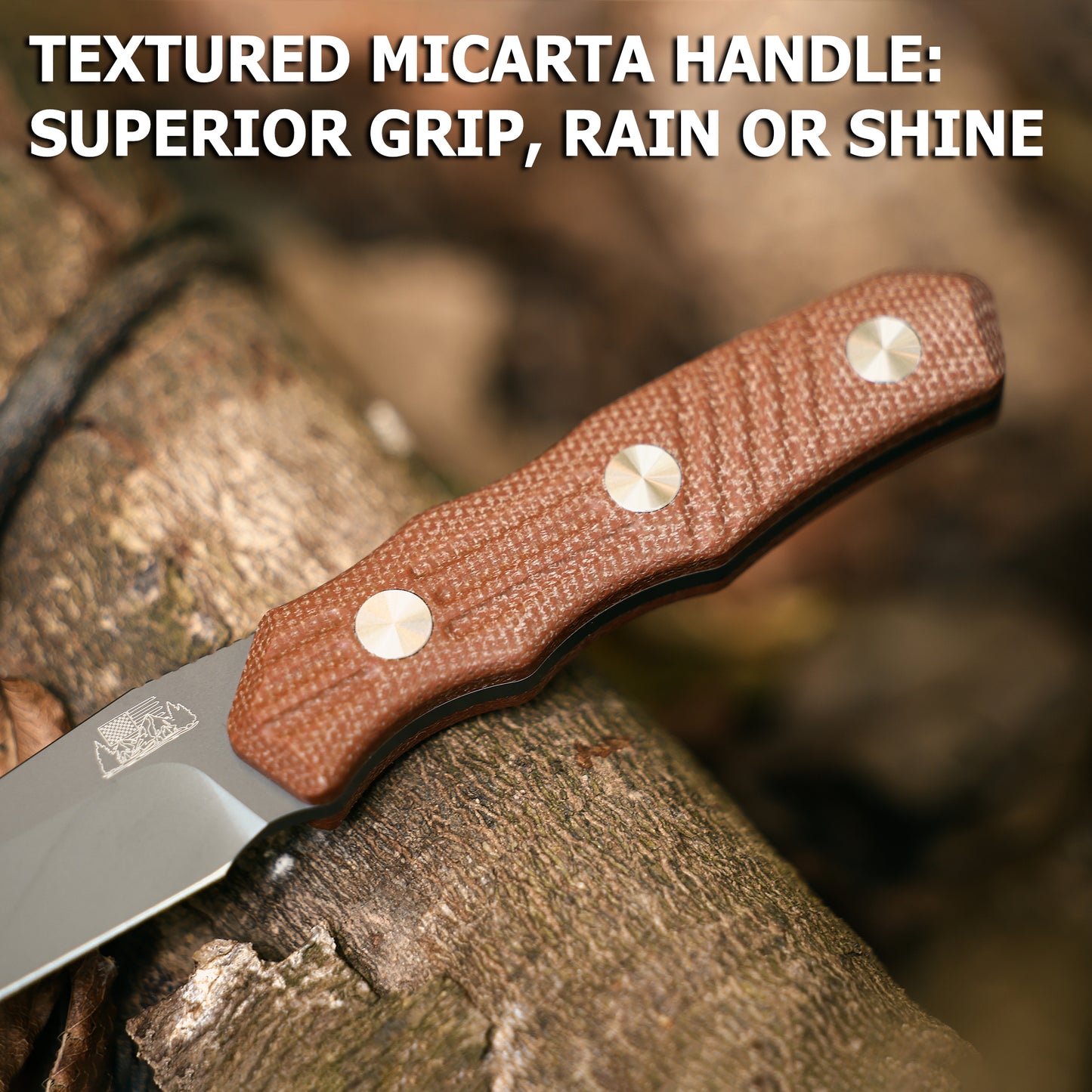 JoyRaining - Kestrel Fixed Blade EDC Knife - Titanium Plated D2 Steel with Geometric Angular Blade - Full Tang Brown Micarta Handle Utility Tool with Kydex Sheath -  Durable Industrial Design