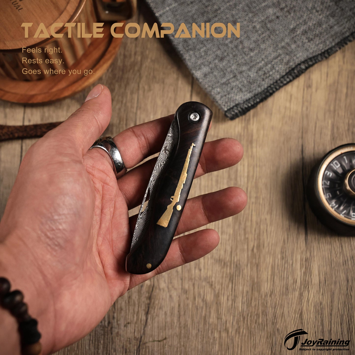 JoyRaining - Whisper-Small Vintage EDC Wood Pocket Knife for Men, Damascus Steel Folding Knife with Ebony Handle - Non-Locking Slip Joint Gentleman's Tool for Daily Use - Unique Gift for Father / Men / Elder / Husband