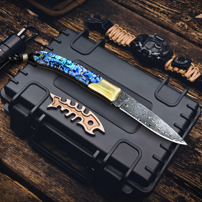 JoyRaining Shine Handmade 67-Layer Damascus Pocket Knife - Stunning Natural Abalone Shell Handle, Slim Folding Knife with Polished Copper Bolster - Non-Locking Slip Joint Gentleman's Tool - Elegant Gift for Women & Collectors