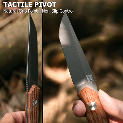 JoyRaining - Kestrel Fixed Blade EDC Knife - Titanium Plated D2 Steel with Geometric Angular Blade - Full Tang Brown Micarta Handle Utility Tool with Kydex Sheath -  Durable Industrial Design