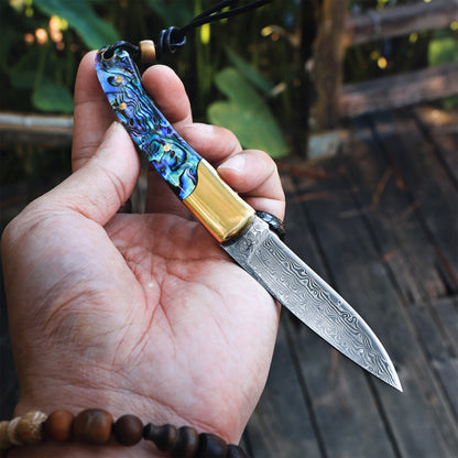 JoyRaining Shine Handmade 67-Layer Damascus Pocket Knife - Stunning Natural Abalone Shell Handle, Slim Folding Knife with Polished Copper Bolster - Non-Locking Slip Joint Gentleman's Tool - Elegant Gift for Women & Collectors