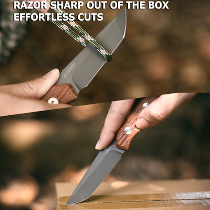 JoyRaining - Kestrel Fixed Blade EDC Knife - Titanium Plated D2 Steel with Geometric Angular Blade - Full Tang Brown Micarta Handle Utility Tool with Kydex Sheath -  Durable Industrial Design