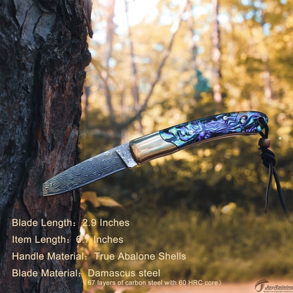 JoyRaining Shine Handmade 67-Layer Damascus Pocket Knife - Stunning Natural Abalone Shell Handle, Slim Folding Knife with Polished Copper Bolster - Non-Locking Slip Joint Gentleman's Tool - Elegant Gift for Women & Collectors