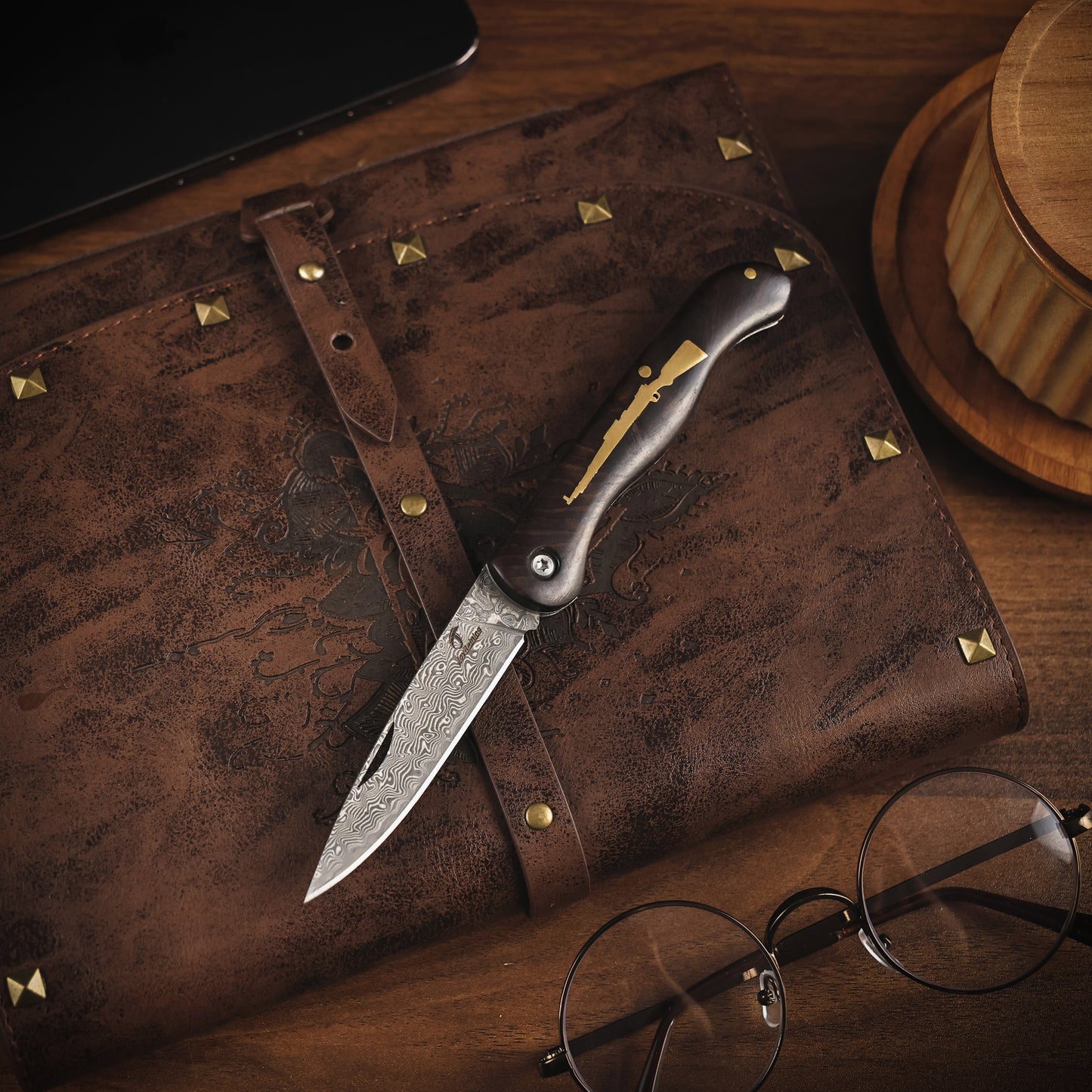JoyRaining - Whisper-Small Vintage EDC Wood Pocket Knife for Men, Damascus Steel Folding Knife with Ebony Handle - Non-Locking Slip Joint Gentleman's Tool for Daily Use - Unique Gift for Father / Men / Elder / Husband