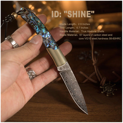 JoyRaining Shine Handmade 67-Layer Damascus Pocket Knife - Stunning Natural Abalone Shell Handle, Slim Folding Knife with Polished Copper Bolster - Non-Locking Slip Joint Gentleman's Tool - Elegant Gift for Women & Collectors