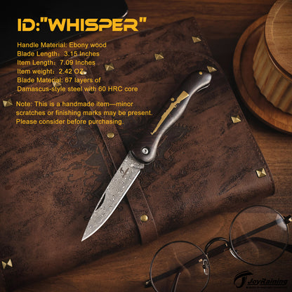 JoyRaining - Whisper-Small Vintage EDC Wood Pocket Knife for Men, Damascus Steel Folding Knife with Ebony Handle - Non-Locking Slip Joint Gentleman's Tool for Daily Use - Unique Gift for Father / Men / Elder / Husband