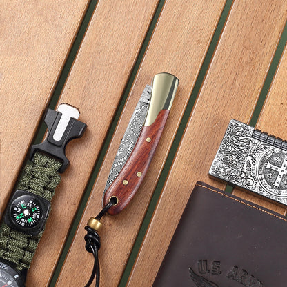 JoyRaining Connection Handmade 67-Layer Damascus Pocket Knife - Slim Rosewood EDC Folding Knife with Solid Copper Bolster - Non-Locking Slip Joint Steak Knife for BBQ & Camping - Weighty, Unique Gift for Men