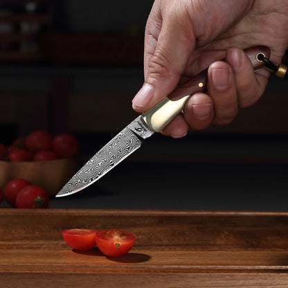 JoyRaining Connection Handmade 67-Layer Damascus Pocket Knife - Slim Rosewood EDC Folding Knife with Solid Copper Bolster - Non-Locking Slip Joint Steak Knife for BBQ & Camping - Weighty, Unique Gift for Men