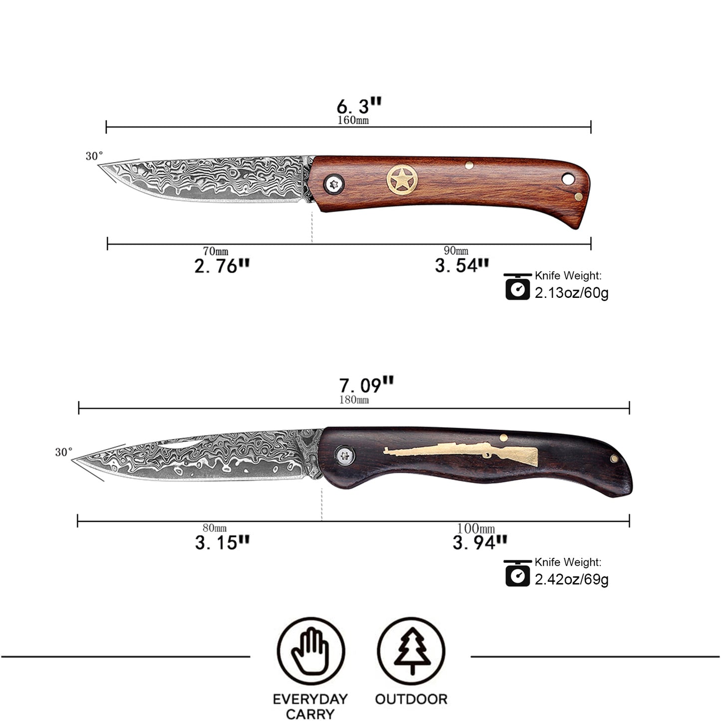 JoyRaining - Whisper-Small Vintage EDC Wood Pocket Knife for Men, Damascus Steel Folding Knife with Ebony Handle - Non-Locking Slip Joint Gentleman's Tool for Daily Use - Unique Gift for Father / Men / Elder / Husband