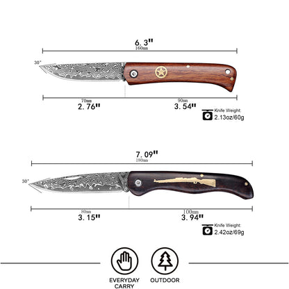 JoyRaining - Whisper-Small Vintage EDC Wood Pocket Knife for Men, Damascus Steel Folding Knife with Ebony Handle - Non-Locking Slip Joint Gentleman's Tool for Daily Use - Unique Gift for Father / Men / Elder / Husband