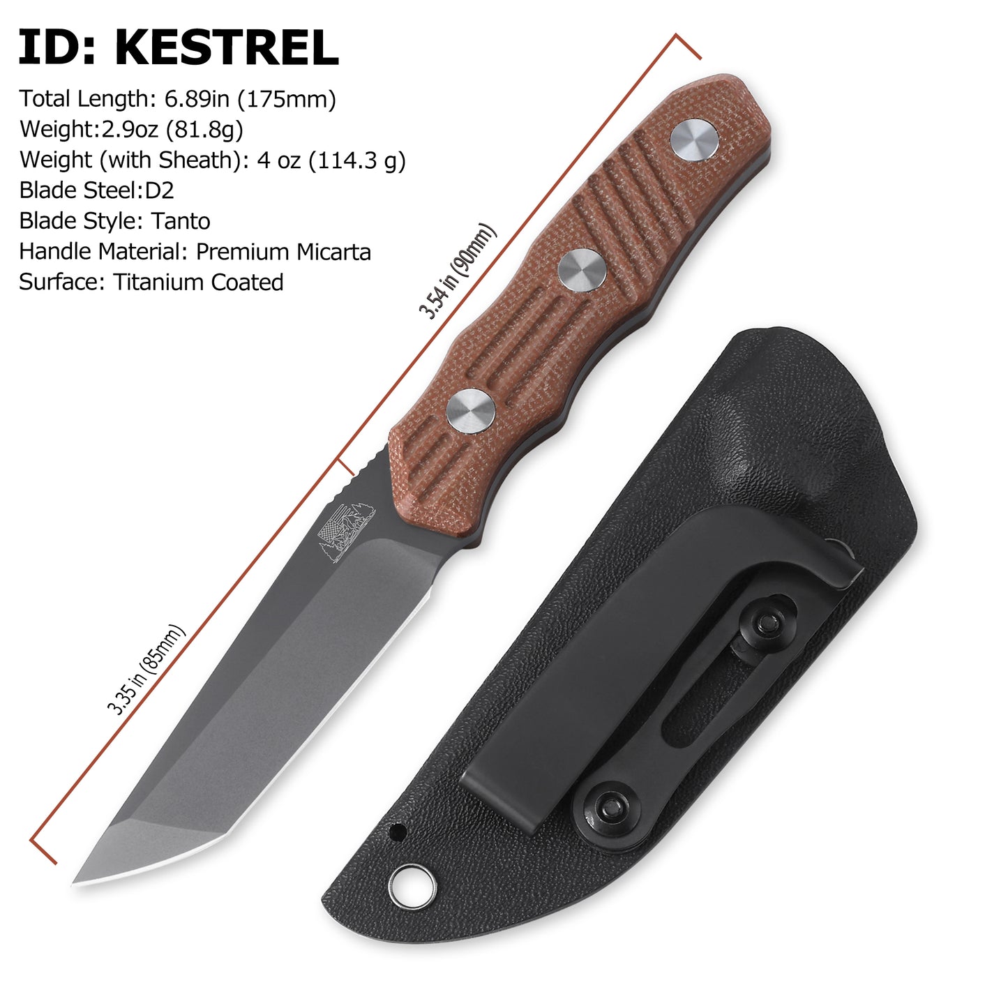 JoyRaining - Kestrel Fixed Blade EDC Knife - Titanium Plated D2 Steel with Geometric Angular Blade - Full Tang Brown Micarta Handle Utility Tool with Kydex Sheath -  Durable Industrial Design