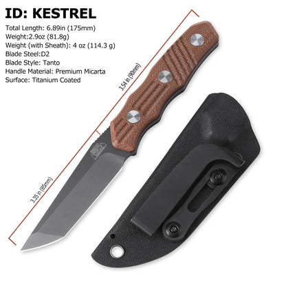 JoyRaining - Kestrel Fixed Blade EDC Knife - Titanium Plated D2 Steel with Geometric Angular Blade - Full Tang Brown Micarta Handle Utility Tool with Kydex Sheath -  Durable Industrial Design
