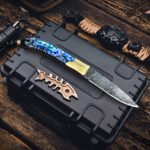 JoyRaining Shine Handmade Damascus Pocket Knife - Stunning Natural Abalone Shell Handle, Folding Knife with Polished Copper Bolster - Image 6