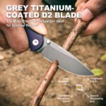 Trailpaw Folding Pocket Knife, D2 Steel Grey Titanium Blade, Ceramic Ball Bearing Pivot, Purple 3D Contoured G10 Handle, Liner Lock EDC Utility Knife, Dog-Walk Everyday Carry Companion - Image 3