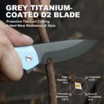 Joyraining Cub Folding Pocket Knife, D2 Steel Grey Titanium Blade, Blue 3D Contoured G10 Handle, Ceramic Ball Bearing Liner Lock EDC Knife, Compact Everyday Carry Pocket Knife - Image 3