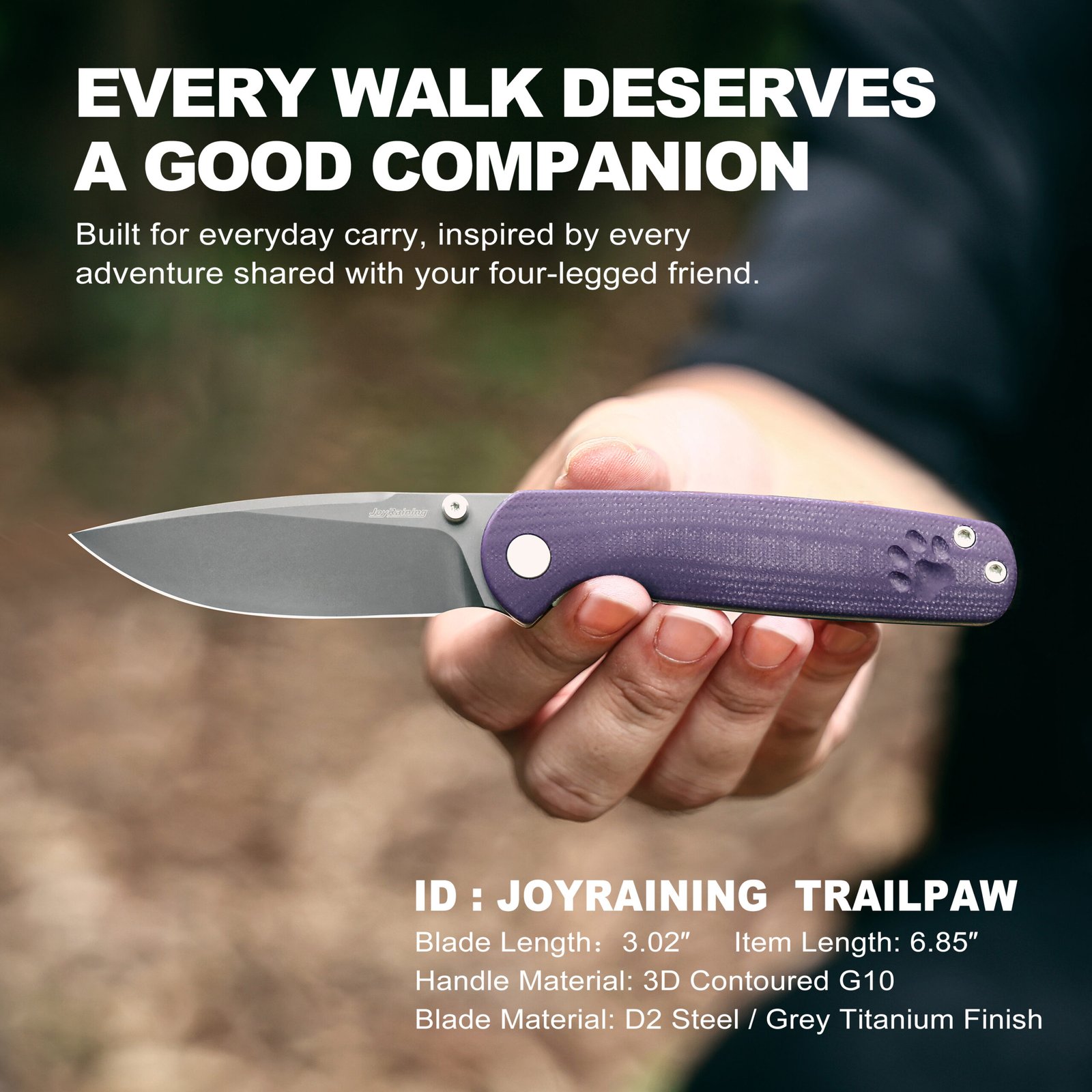 5 Trailpaw Folding Pocket Knife, D2 Steel Grey Titanium Blade, Ceramic Ball Bearing Pivot, Purple 3D Contoured G10 Handle, Liner Lock EDC Utility Knife, Dog-Walk Everyday Carry Companion - Image 1