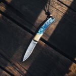 JoyRaining Shine Handmade Damascus Pocket Knife - Stunning Natural Abalone Shell Handle, Folding Knife with Polished Copper Bolster - Image 4