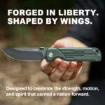 Liberty Pinion 250 Folding Pocket Knife, D2 Steel Grey Titanium Blade, Green Micarta Handle with 3D Wing-Inspired Engraving, Liner Lock EDC Utility Knife, 250th Anniversary Commemorative Gift